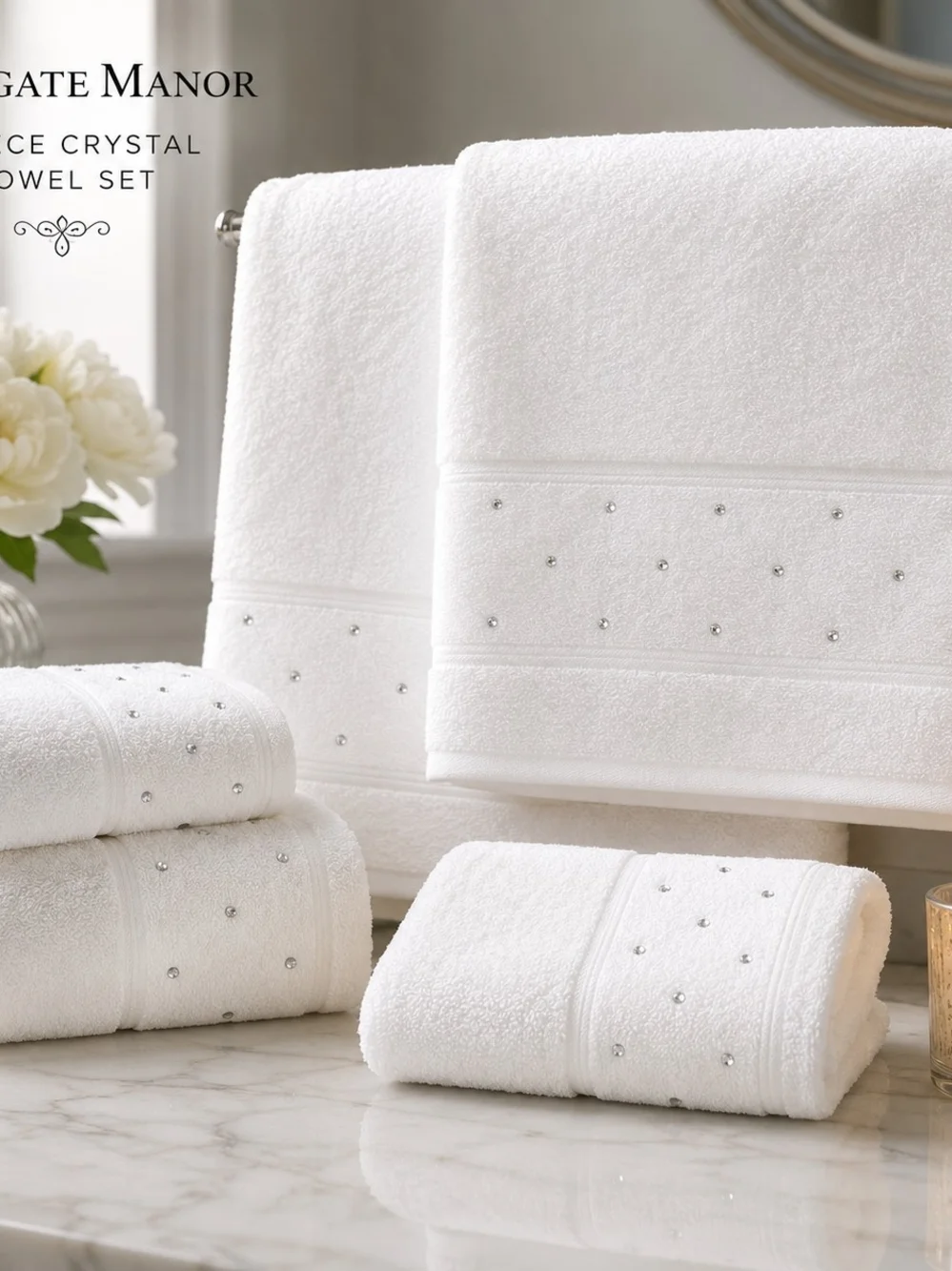 Highgate Manor 6-Piece White Crystal Embellished Towel Set NWT